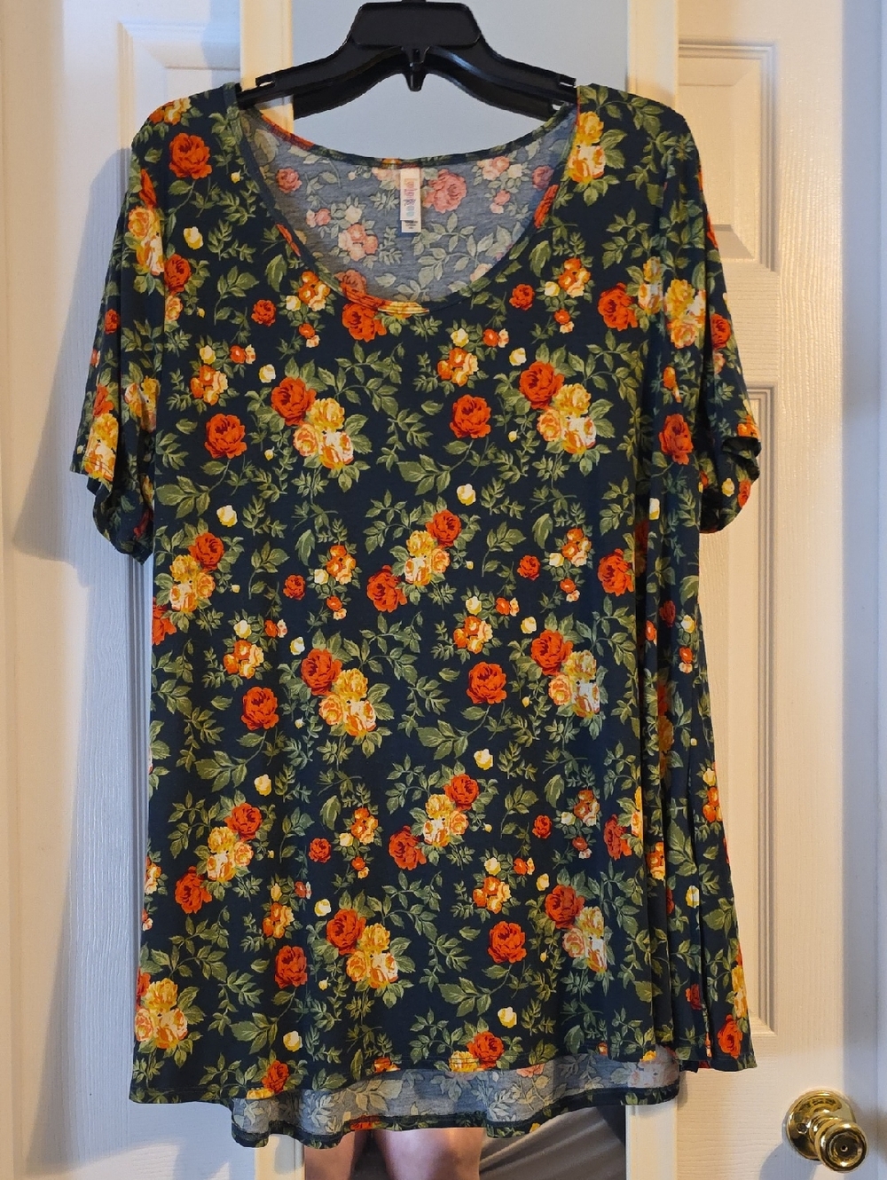 LuLaRoe Navy Floral Scoop Neck Tunic with Orange & Yellow Roses